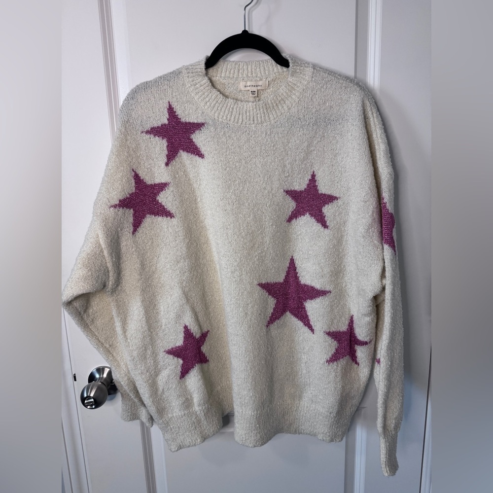NWOT andthewhy oversized cream knit sweater w/purpleish/pinkish glitter star S/M